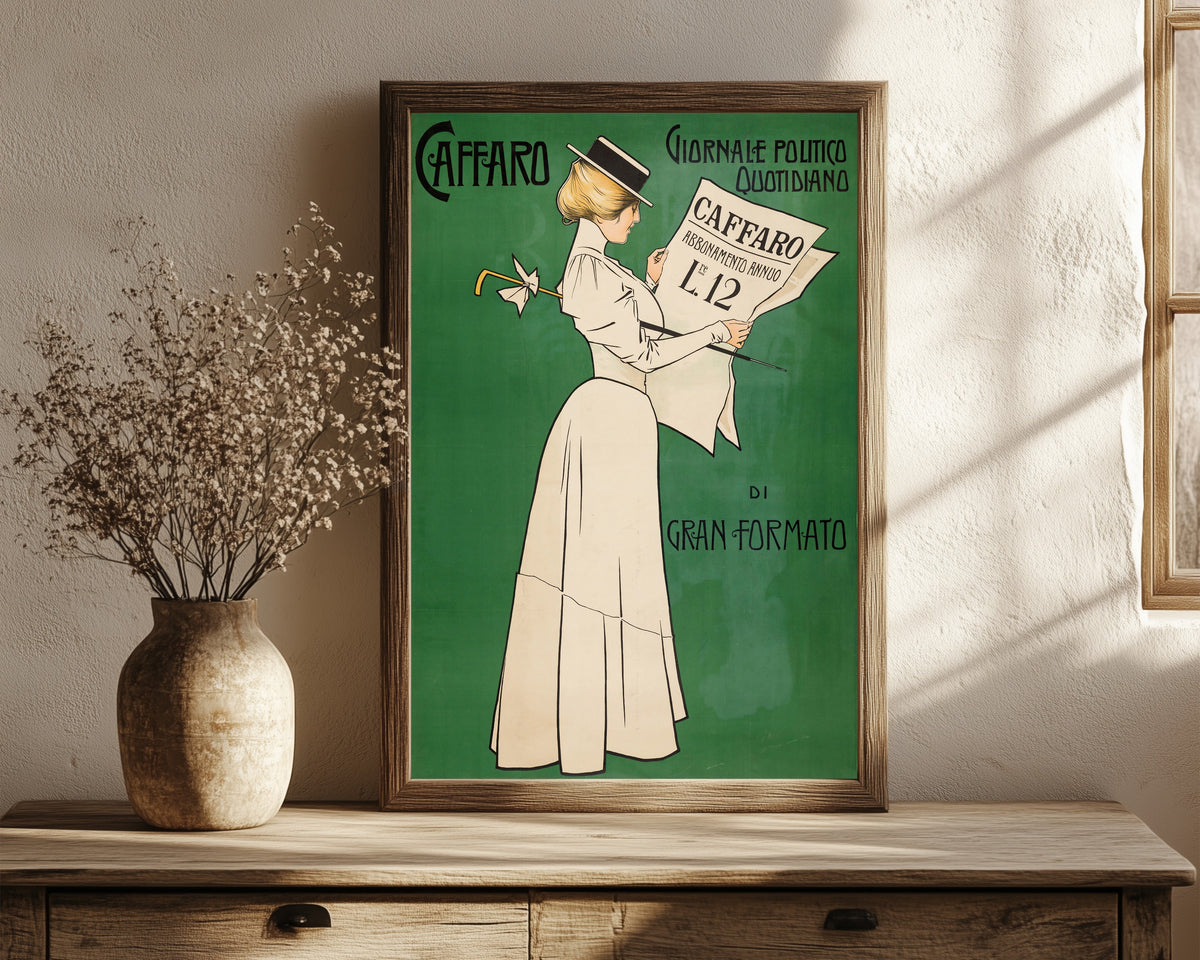 Framed art print of Caffaro: Giornale Politico Quotidiano di Gran… by Aleardo Villa, in a dark wood frame leaning on a rustic console beside dried flowers