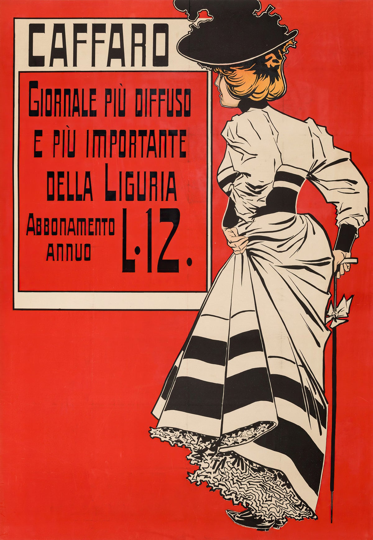 Caffaro: Giornale più Diffuso e più Importante della Liguria by Aleardo Villa — A woman in a striped gown glances left beside a lettered panel