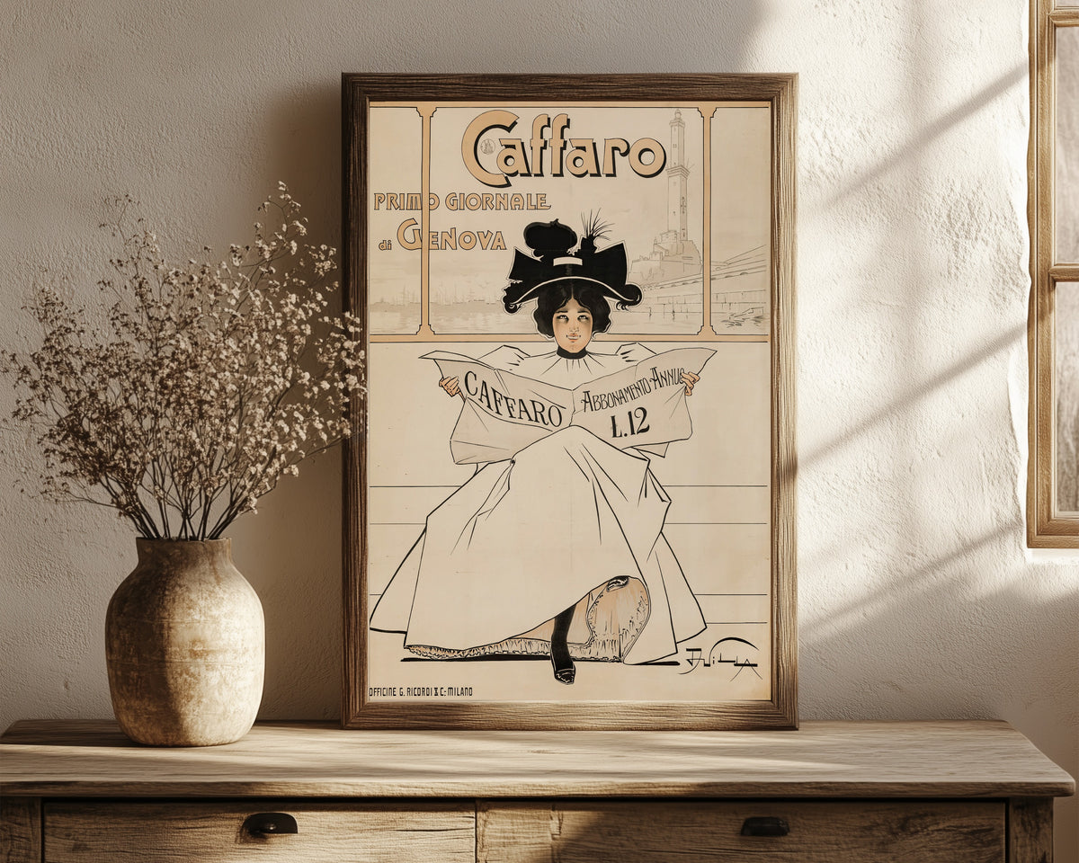 Framed art print of Caffaro: Primo Giornale di Genova by Aleardo Villa, in a dark wood frame leaning on a rustic console beside dried flowers