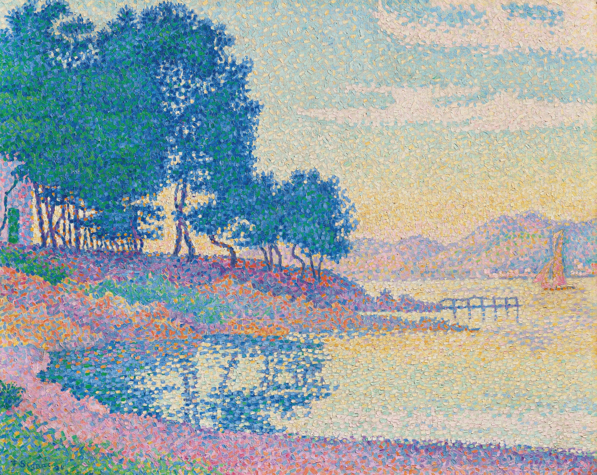 Calanque des Canoubiers, Saint-Tropez by Paul Signac — Blue-green trees over a pink shore and a sailboat on pale yellow water