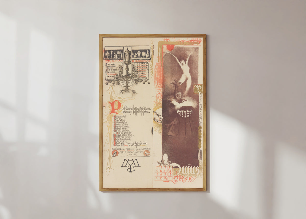 Framed art print of Calendrier magique: Philtre d'amour (May) by Manuel Orazi, in a light wood frame on a sunlit white wall