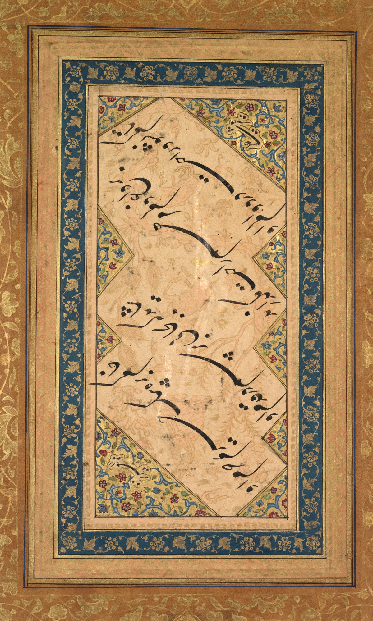 Calligraphy from a Ghazal of Badr al-Din Hilali Jaghata'i by Faqir Ali — Slanting nasta'liq in blue and gold borders, set upside down long ago