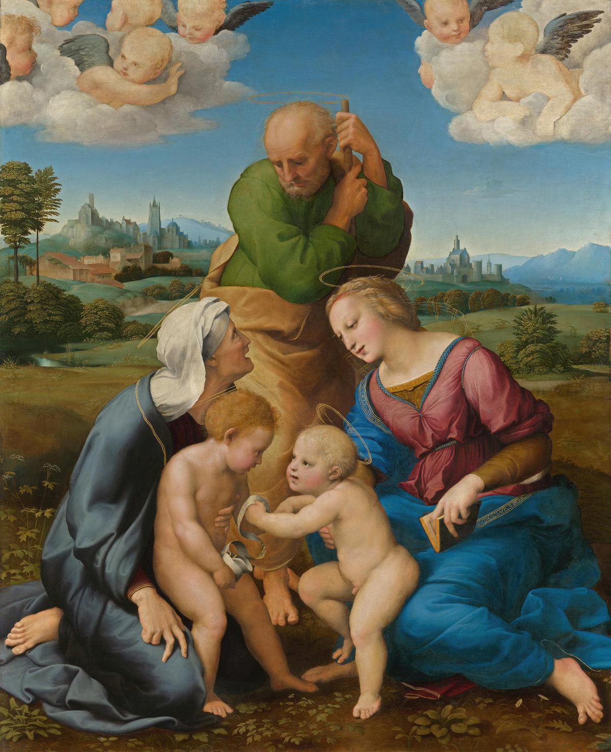 Canigiani Holy Family by Raphael — Five figures on a green meadow beneath cherub-filled clouds