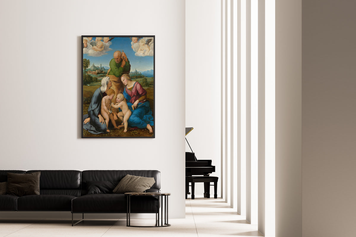 Framed art print of Canigiani Holy Family by Raphael, on the wall of a minimal living room