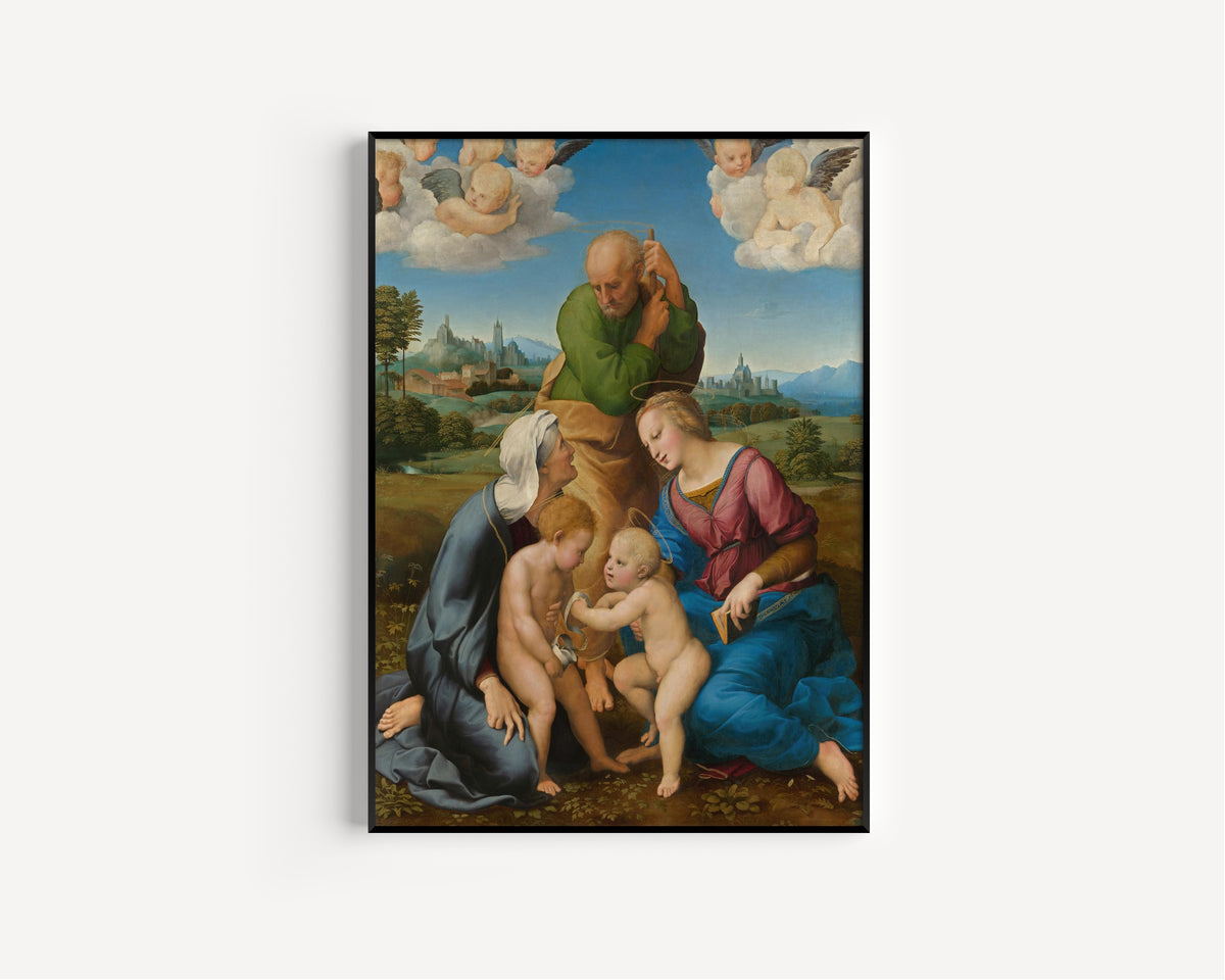 Framed art print of Canigiani Holy Family by Raphael, in a slim black frame on a plain white wall