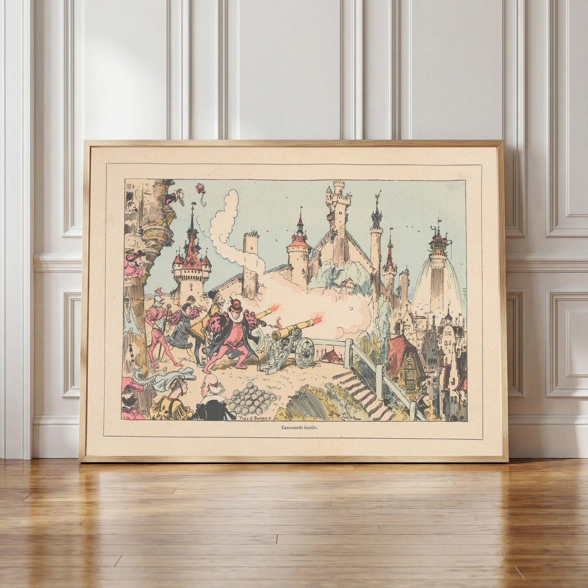 Framed art print of Canonnade inutile by Albert Robida, in a light wood frame leaning against a panelled white wall