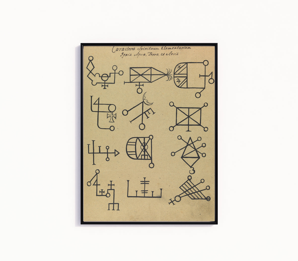 Framed art print of Caracteres Spirituum Elementarium: Ignis, Aqua, Terra et Aeris by Unknown artist, in a slim black frame on a plain white wall