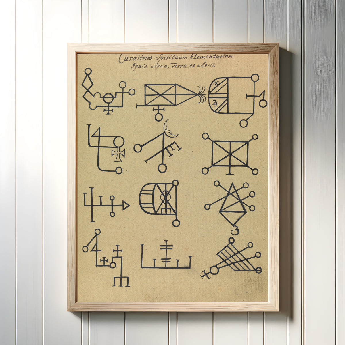 Framed art print of Caracteres Spirituum Elementarium: Ignis, Aqua, Terra et Aeris by Unknown artist, in a light wood frame on a white panelled wall