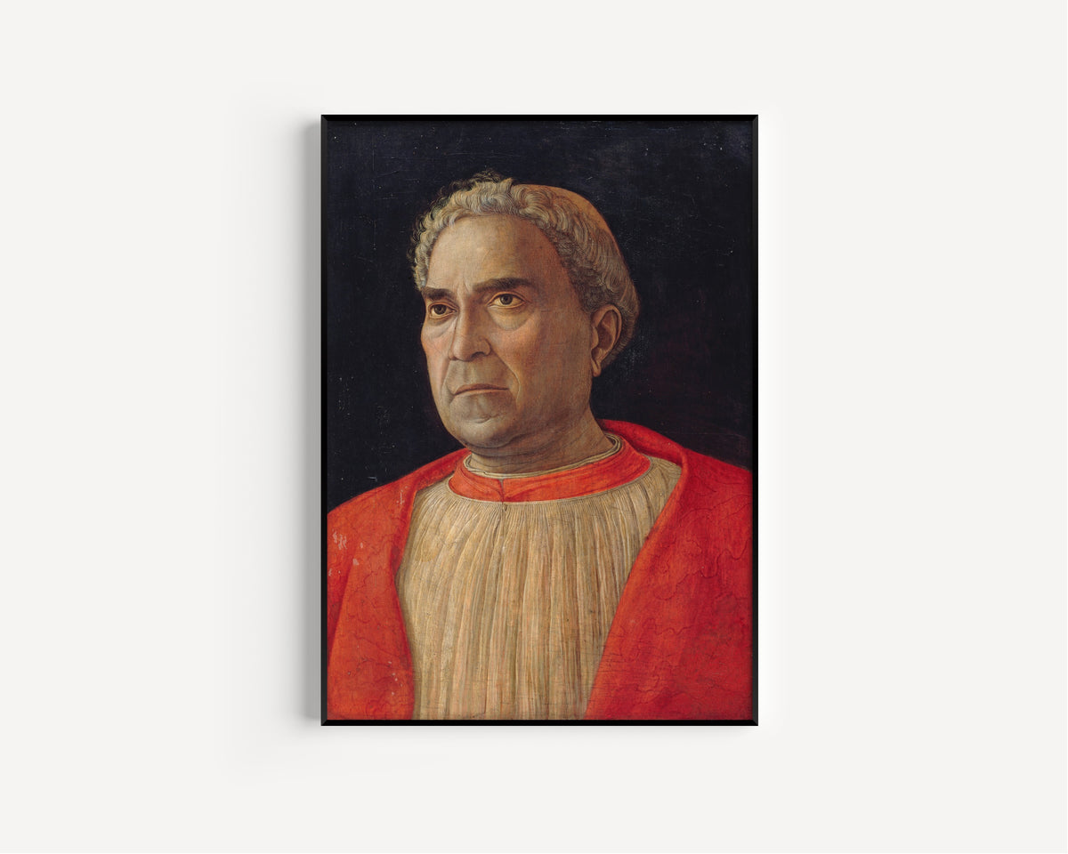 Framed art print of Cardinal Ludovico Scarampi Mezzarota called Ludovico Trevisano by Andrea Mantegna, in a slim black frame on a plain white wall