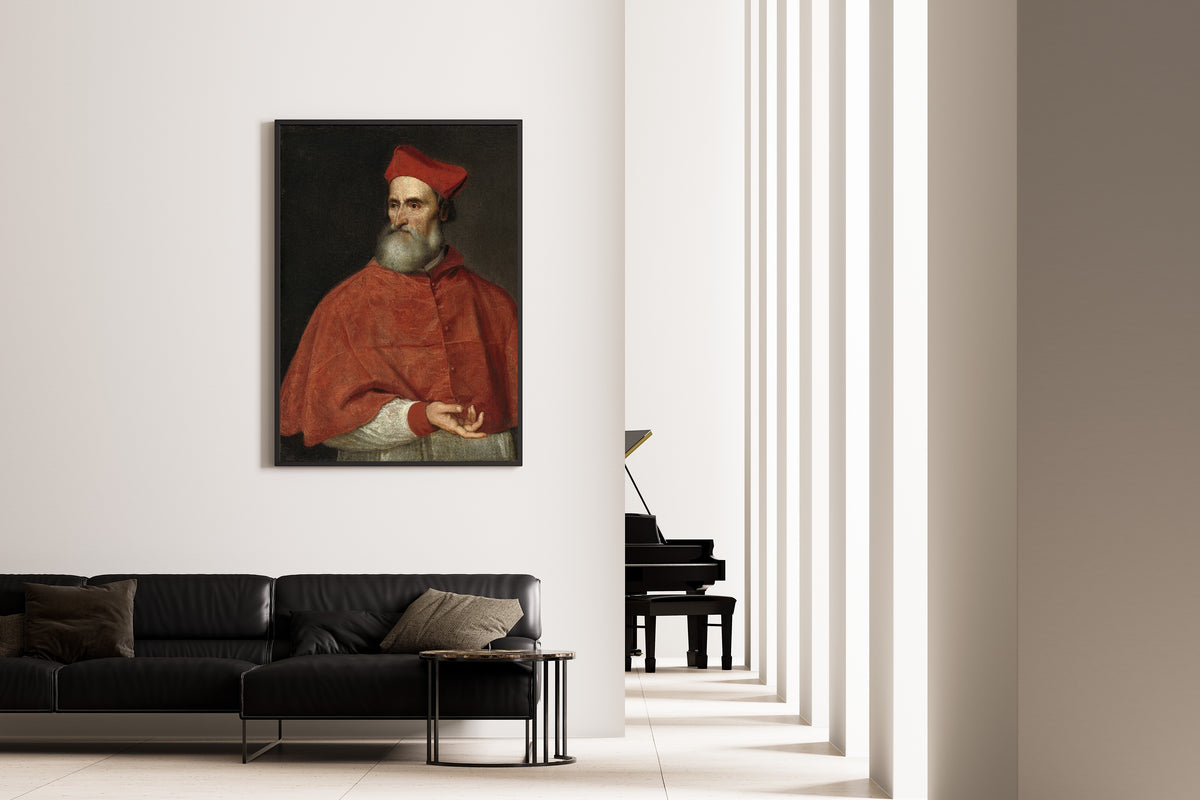 Framed art print of Cardinal Pietro Bembo by Titian, on the wall of a minimal living room