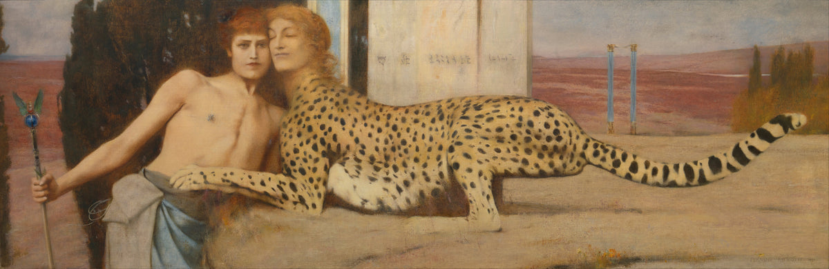 Caresses by Fernand Khnopff — A youth and a spotted creature with a woman's face touch cheeks