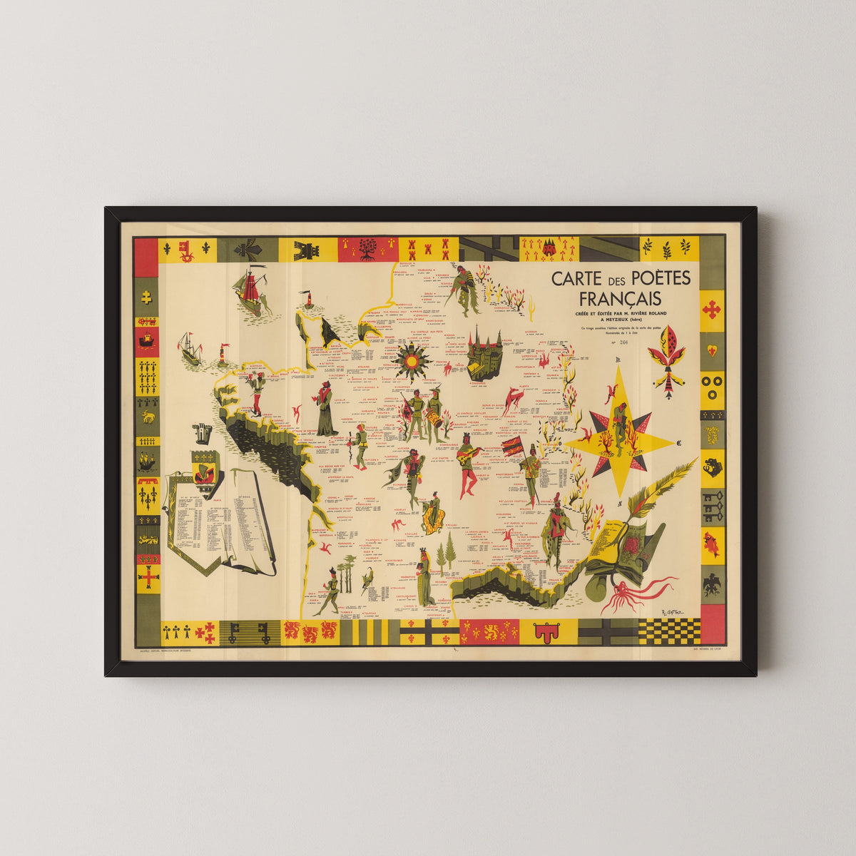 R. Gattaz — Carte des Poètes Français | Vintage Pictorial Map Print