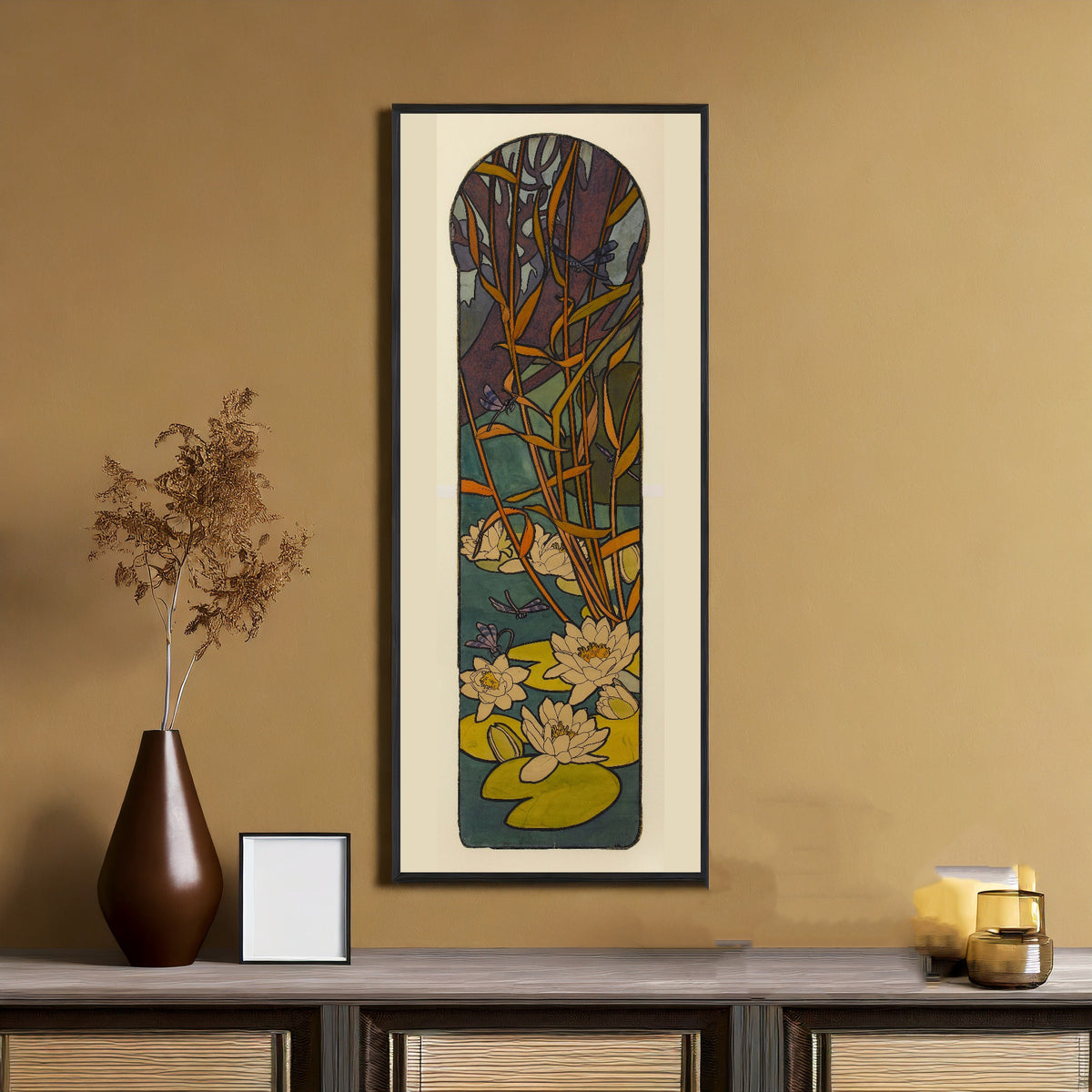 Alphonse Mucha — Carton de vitrail pour la bijouterie Fouquet (motif de nénuphars et libellules) | Art Nouveau Print
