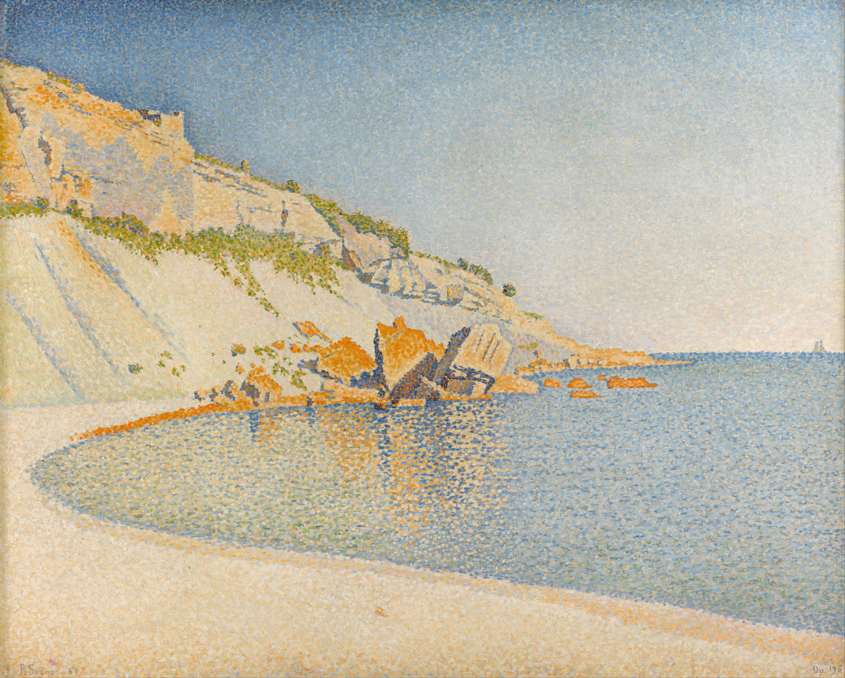 Cassis, Cap Lombard, Opus 196 by Paul Signac — A pale curved beach around a still bay, orange rocks at the shore