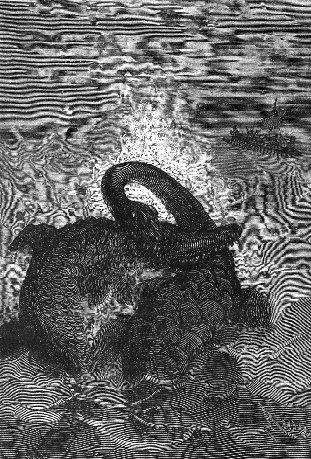 Ces animaux s'attaquent avec fureur (These animals attack each other with fury) by Édouard Riou — Two sea monsters lock in combat as a tiny raft runs before