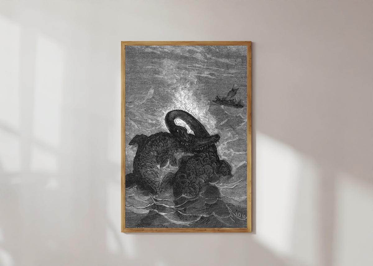Framed art print of Ces animaux s'attaquent avec fureur (These animals attack each other with… by Édouard Riou, in a light wood frame on a sunlit white wall