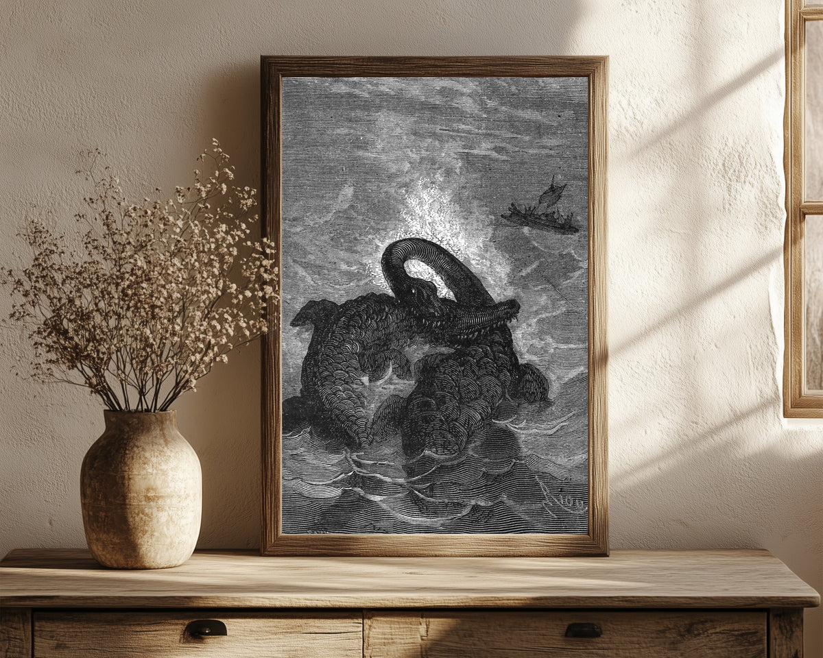 Framed art print of Ces animaux s'attaquent avec fureur (These animals… by Édouard Riou, in a dark wood frame leaning on a rustic console beside dried flowers