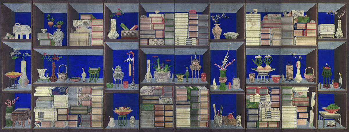 Chaekgeori (Books on Blue Shelves) by Korean chaekgeori painter (unidentified) — Books, vases and scholar's treasures on deep blue shelves