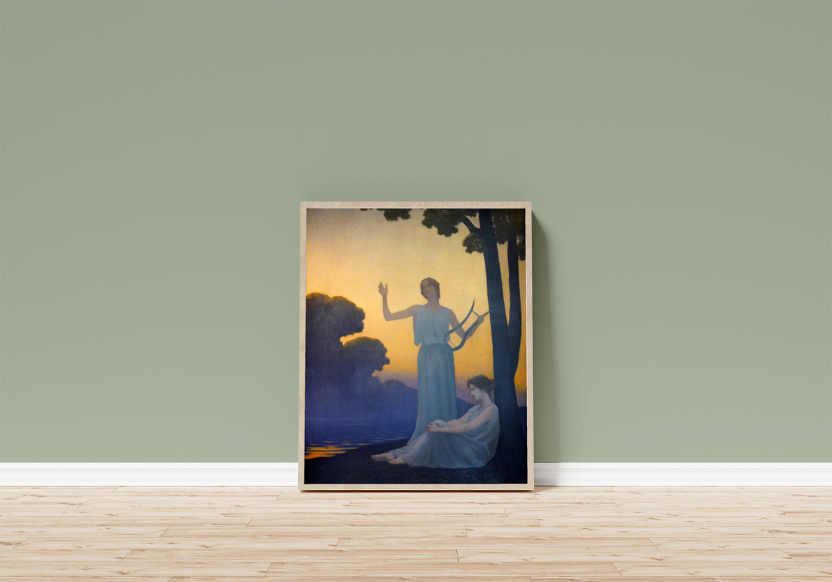 Framed art print of Chant du soir by Alphonse Osbert, in a light wood frame leaning on a sage green wall above a wooden floor