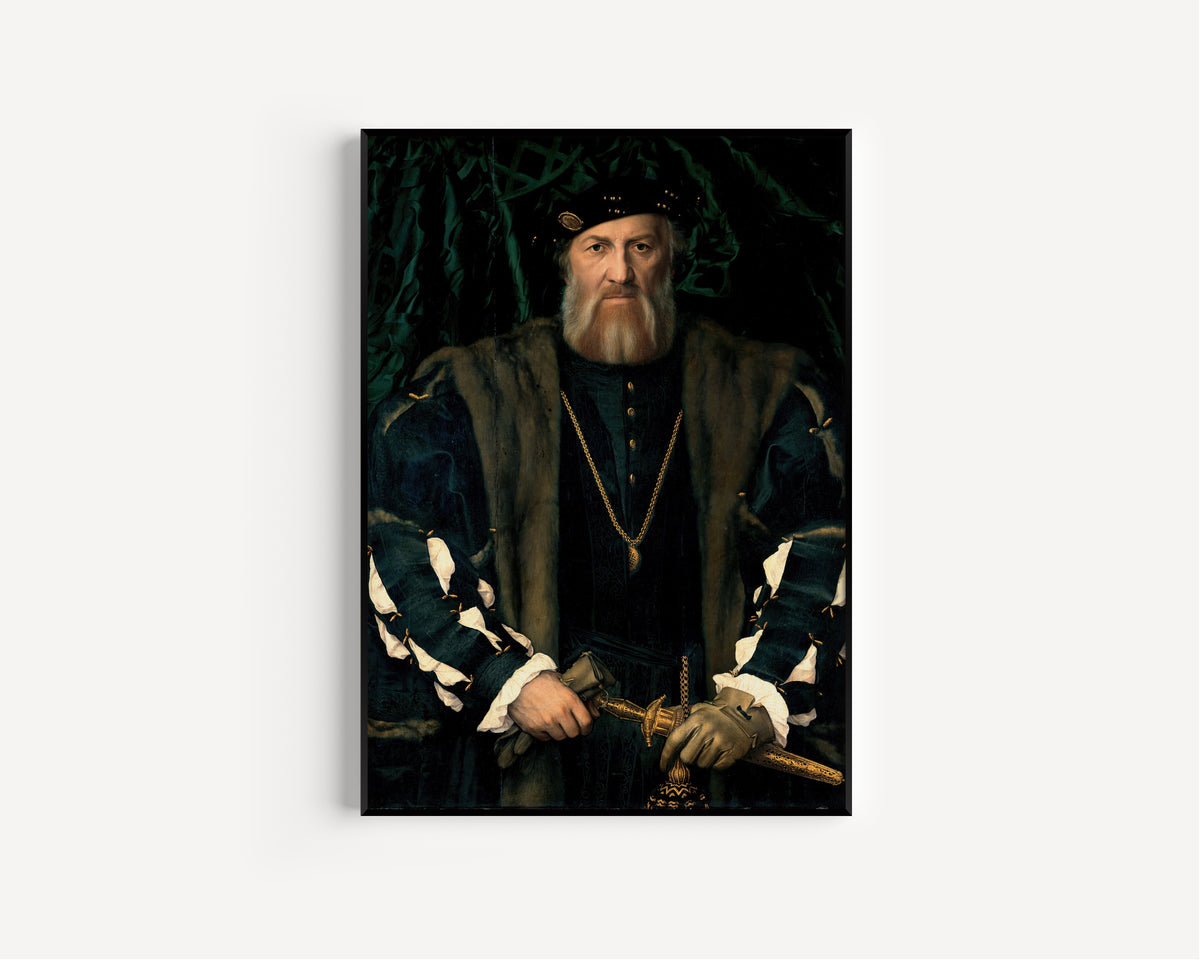 Framed art print of Charles de Solier, Sieur de Morette by Hans Holbein the Younger, in a slim black frame on a plain white wall