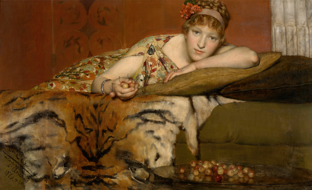 Cherries by Lawrence Alma-Tadema — A young woman lies on a tiger skin with a handful of cherries