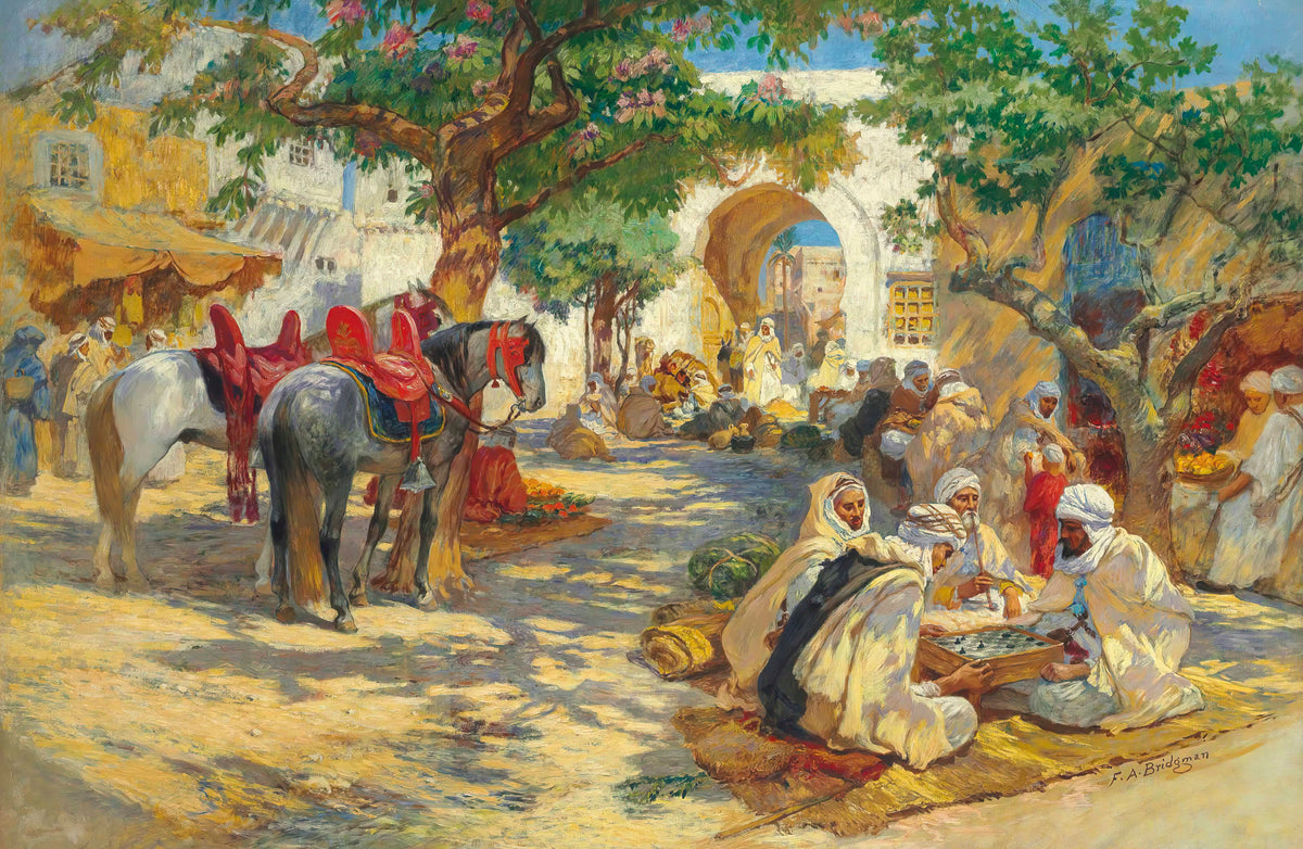 Chess Players, Biskra by Frederick Arthur Bridgman — Men in white robes bend over a game board in a dappled street
