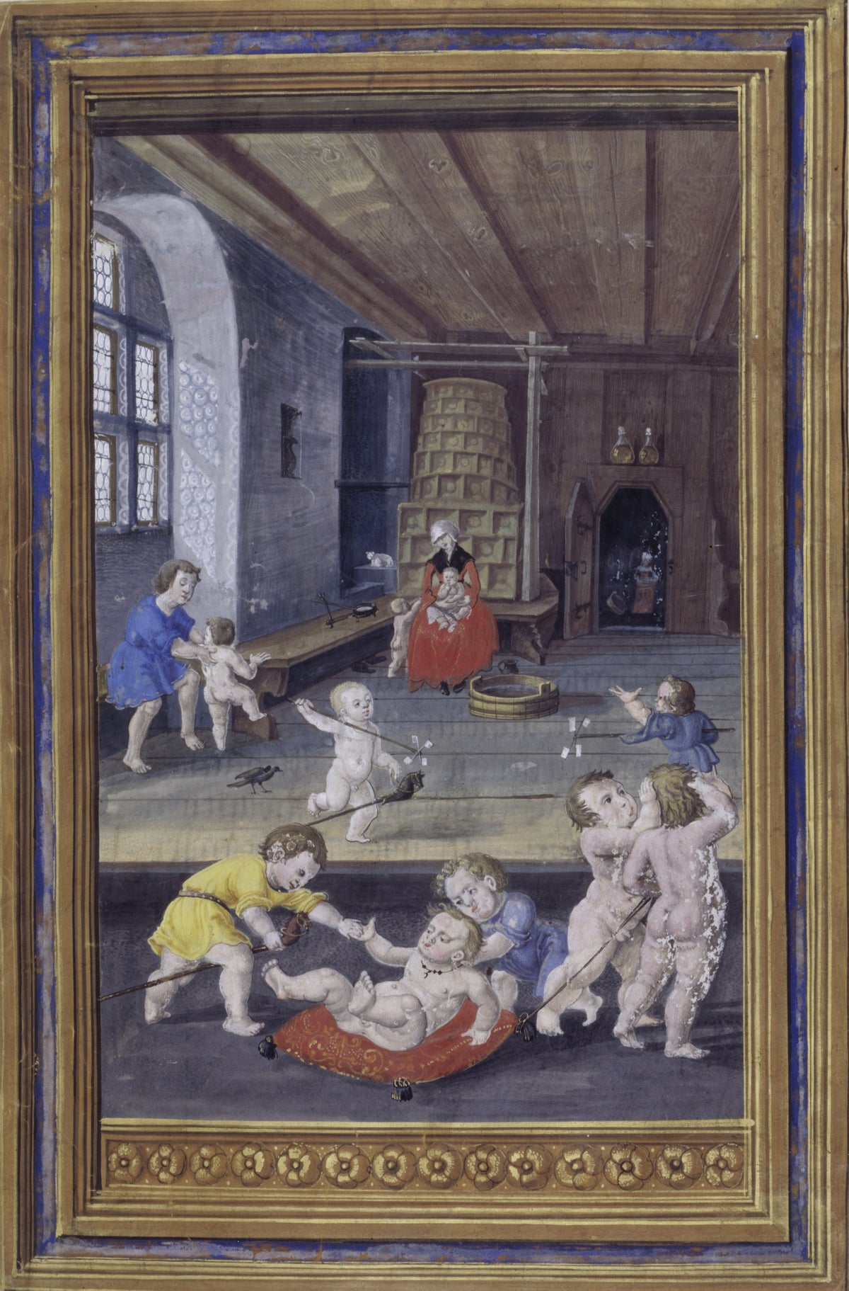 Children at Play by Splendor Solis — A parlour full of bare toddlers at play around a tiled stove