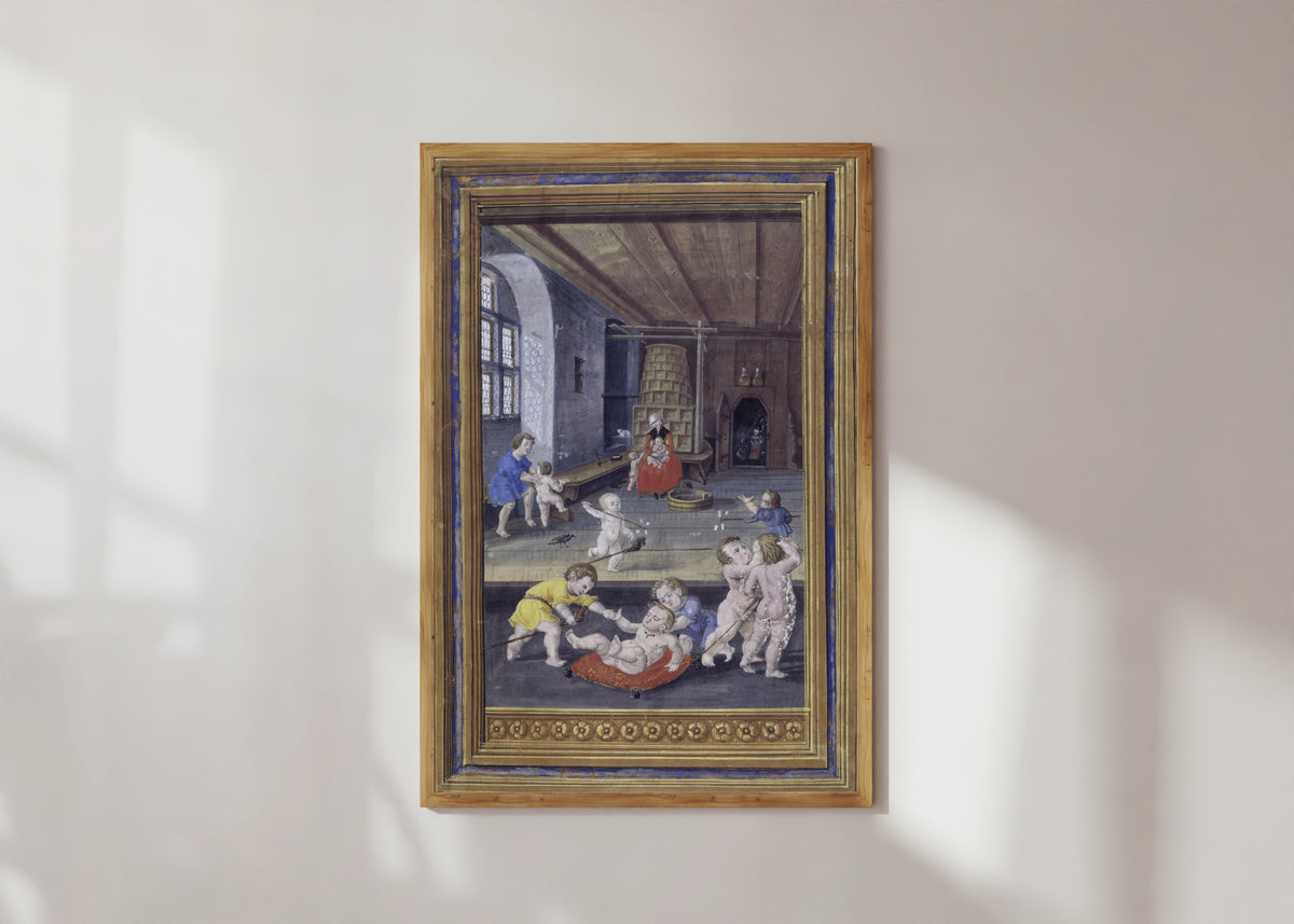 Framed art print of Children at Play by Splendor Solis, in a light wood frame on a sunlit white wall