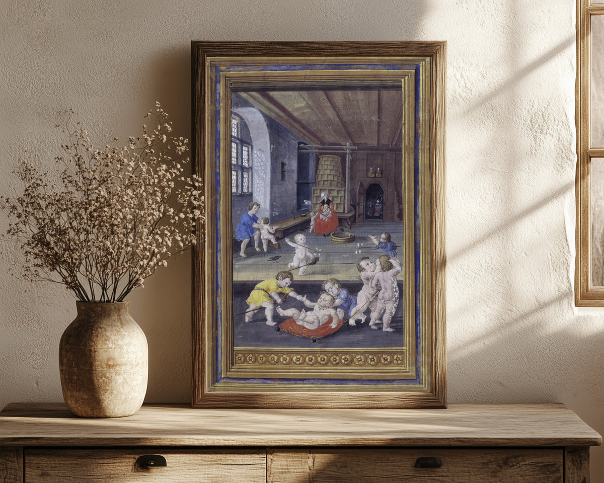 Framed art print of Children at Play by Splendor Solis, in a dark wood frame leaning on a rustic console beside dried flowers