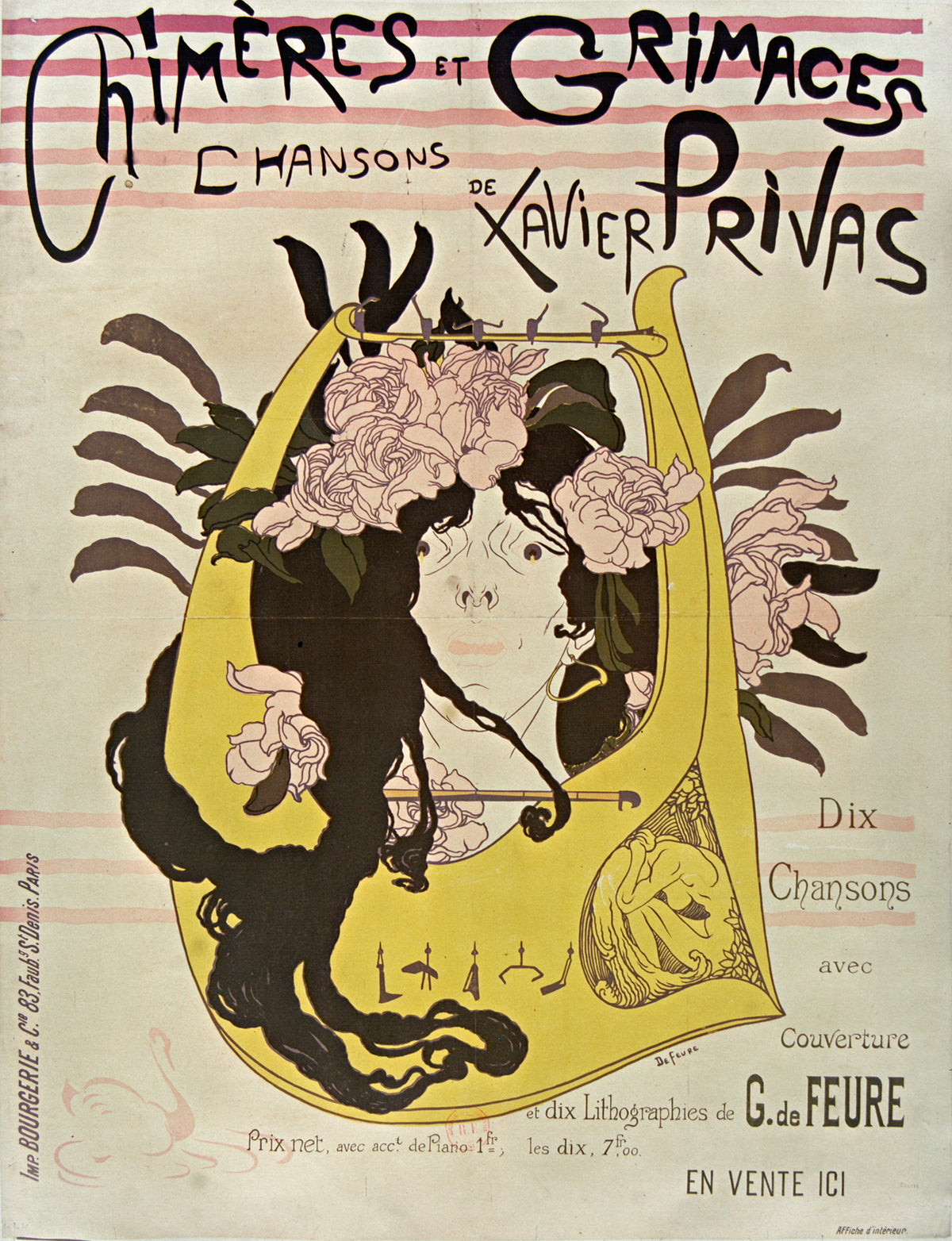 Chimères et Grimaces: Chansons de Xavier Privas by Georges de Feure — A wide-eyed face peers through a yellow lyre in black hair and peonies