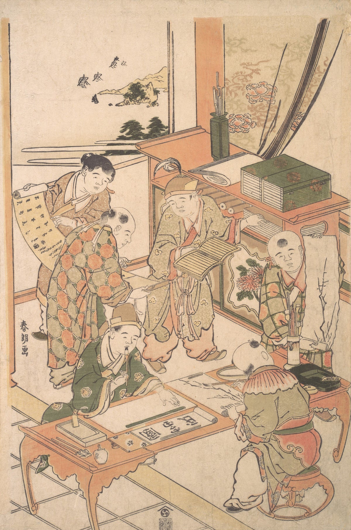 Chinese Boys Learning to Write and Paint by Katsushika Hokusai — Boys in Chinese robes practise writing and painting at low tables