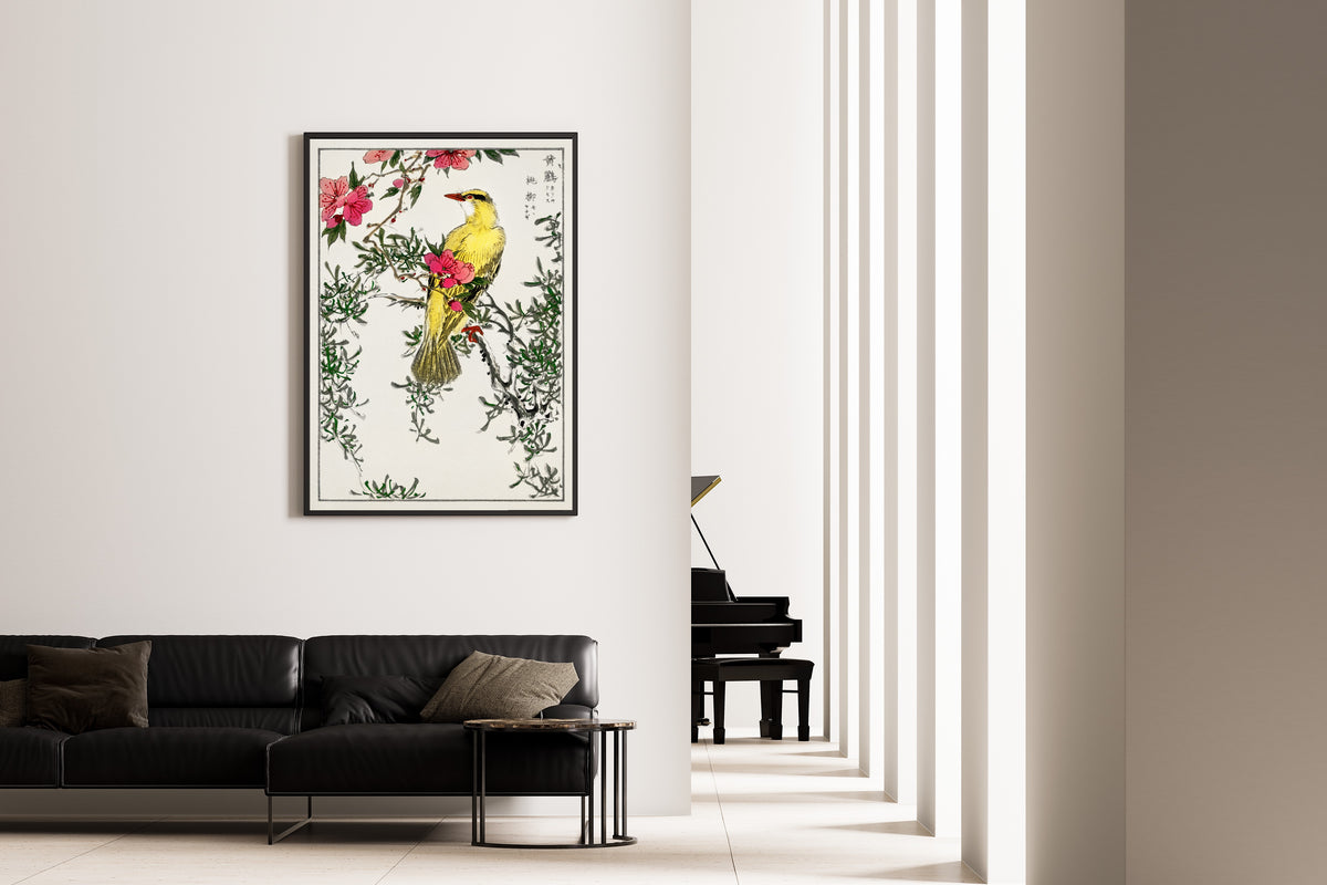 Numata Kashū — Black-naped Oriole with Peach and Willow | Japanese Bird & Flower Woodblock Print