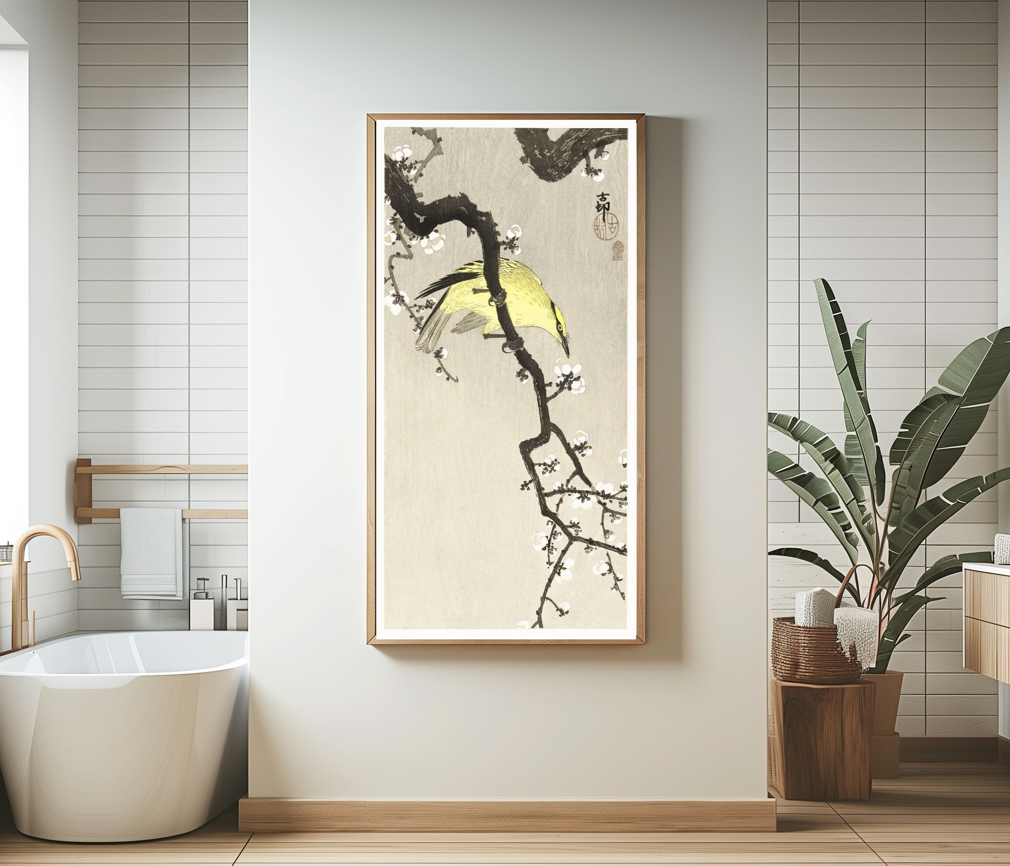 Ohara Koson — Chinese Oriole on Plum Blossom Branch | Japanese Bird & Flower Woodblock Print