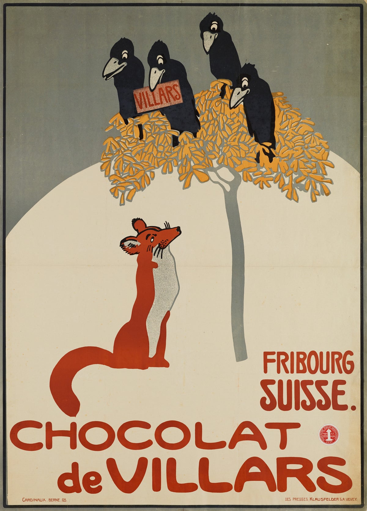Chocolat de Villars: Fribourg, Suisse by Emil Cardinaux — A red fox gazes up at four crows in a tree holding a chocolate bar