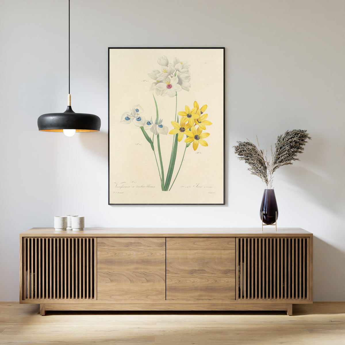 Framed art print of Choix des plus belles fleurs, Plate 111: Vieusseuxi à Taches Bleues and Ixia by Pierre-Joseph Redouté, above a slatted wood sideboard