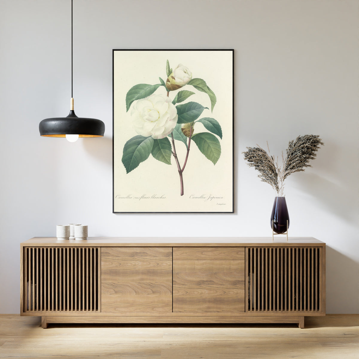 Framed art print of Choix des plus belles fleurs, Plate 17: Camellia Japonica by Pierre-Joseph Redouté, above a slatted wood sideboard