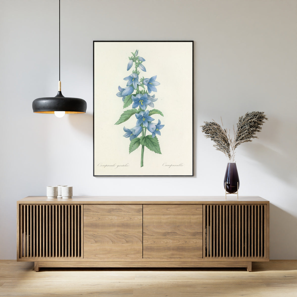 Framed art print of Choix des plus belles fleurs, Plate 21: Campanule Gantelée by Pierre-Joseph Redouté, above a slatted wood sideboard