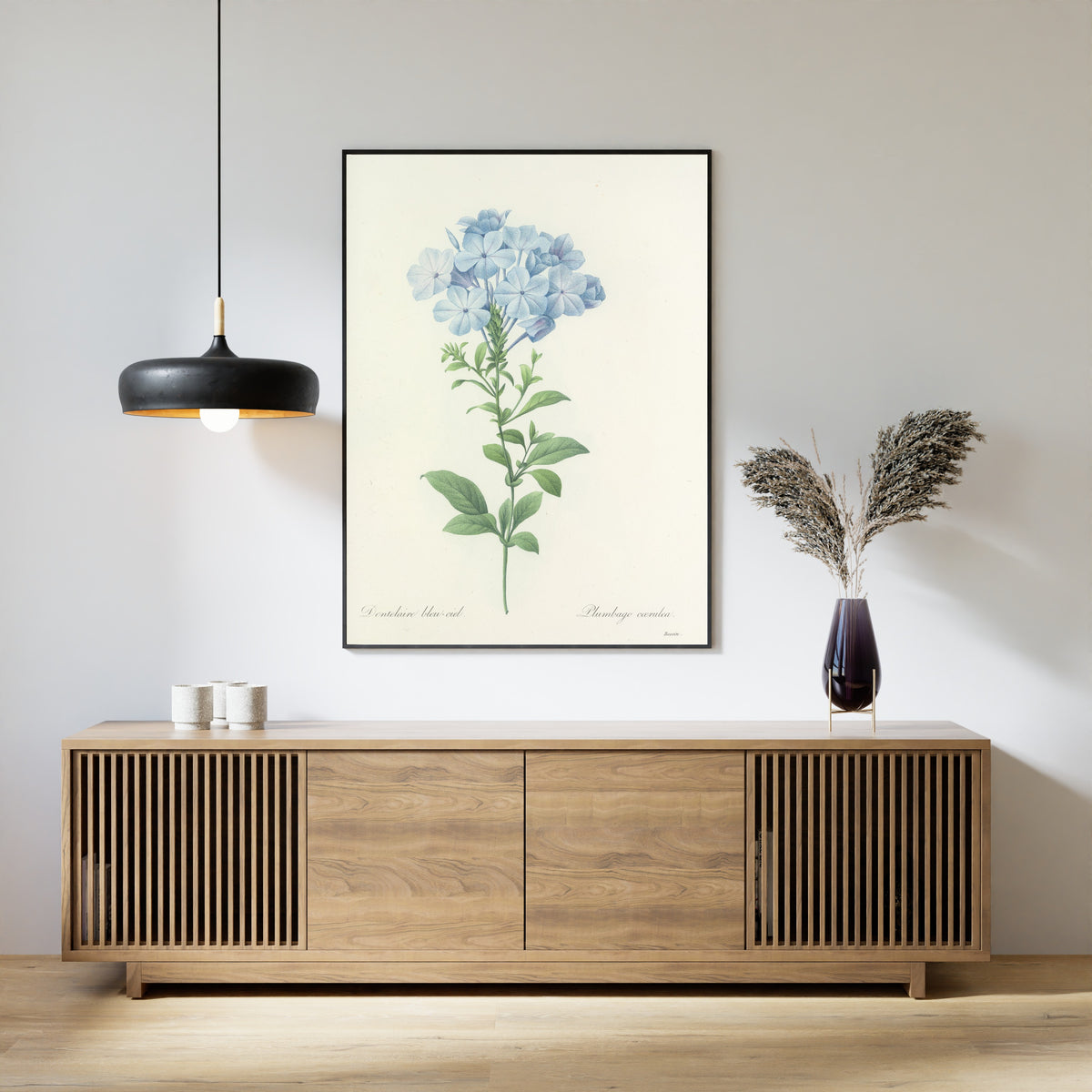 Framed art print of Choix des plus belles fleurs, Plate 34: Plumbago Cœrulea by Pierre-Joseph Redouté, above a slatted wood sideboard