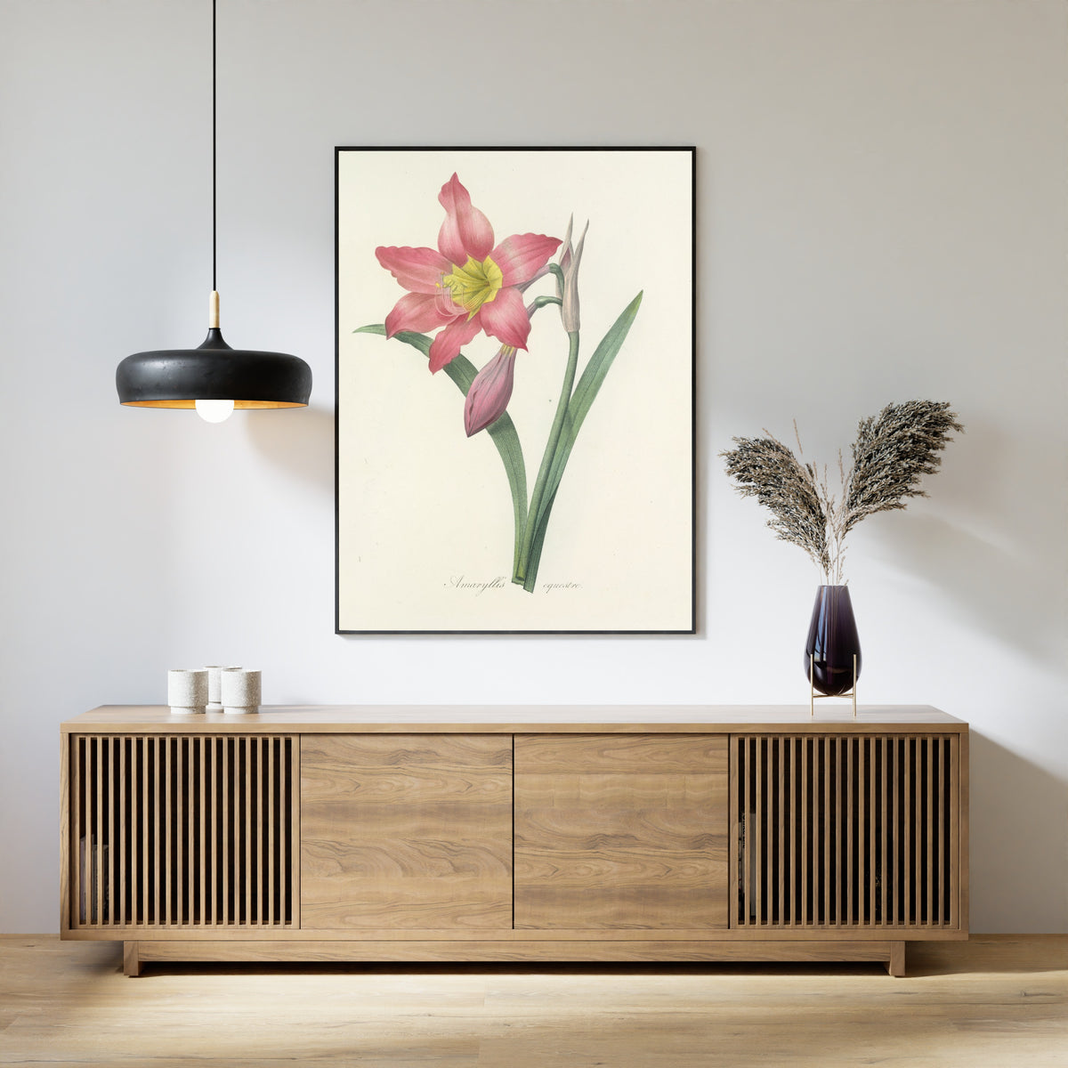Framed art print of Choix des plus belles fleurs, Plate 6: Amaryllis Equestre by Pierre-Joseph Redouté, above a slatted wood sideboard