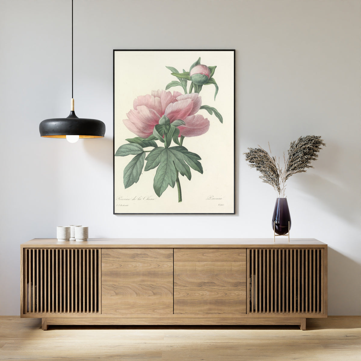 Framed art print of Choix des plus belles fleurs, Plate 71: Pæonia by Pierre-Joseph Redouté, above a slatted wood sideboard