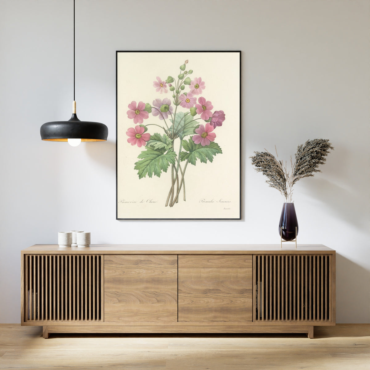 Framed art print of Choix des plus belles fleurs, Plate 81: Primula Sinensis by Pierre-Joseph Redouté, above a slatted wood sideboard