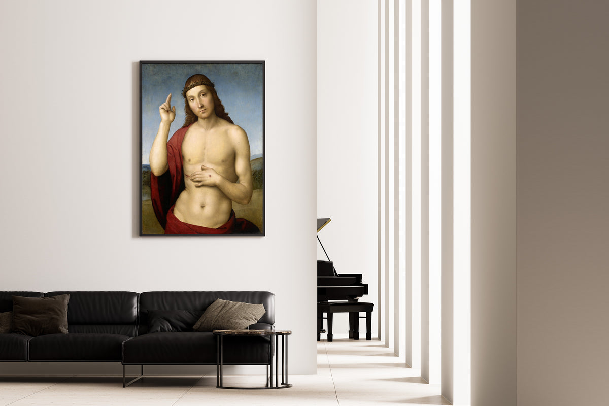 Framed art print of Christ Blessing (Pax Vobiscum) by Raphael, on the wall of a minimal living room