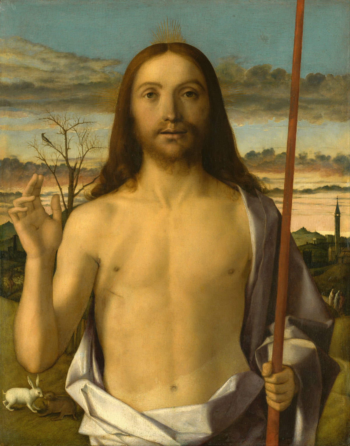 Christ Blessing by Giovanni Bellini — Christ raises a hand in blessing before a wide landscape