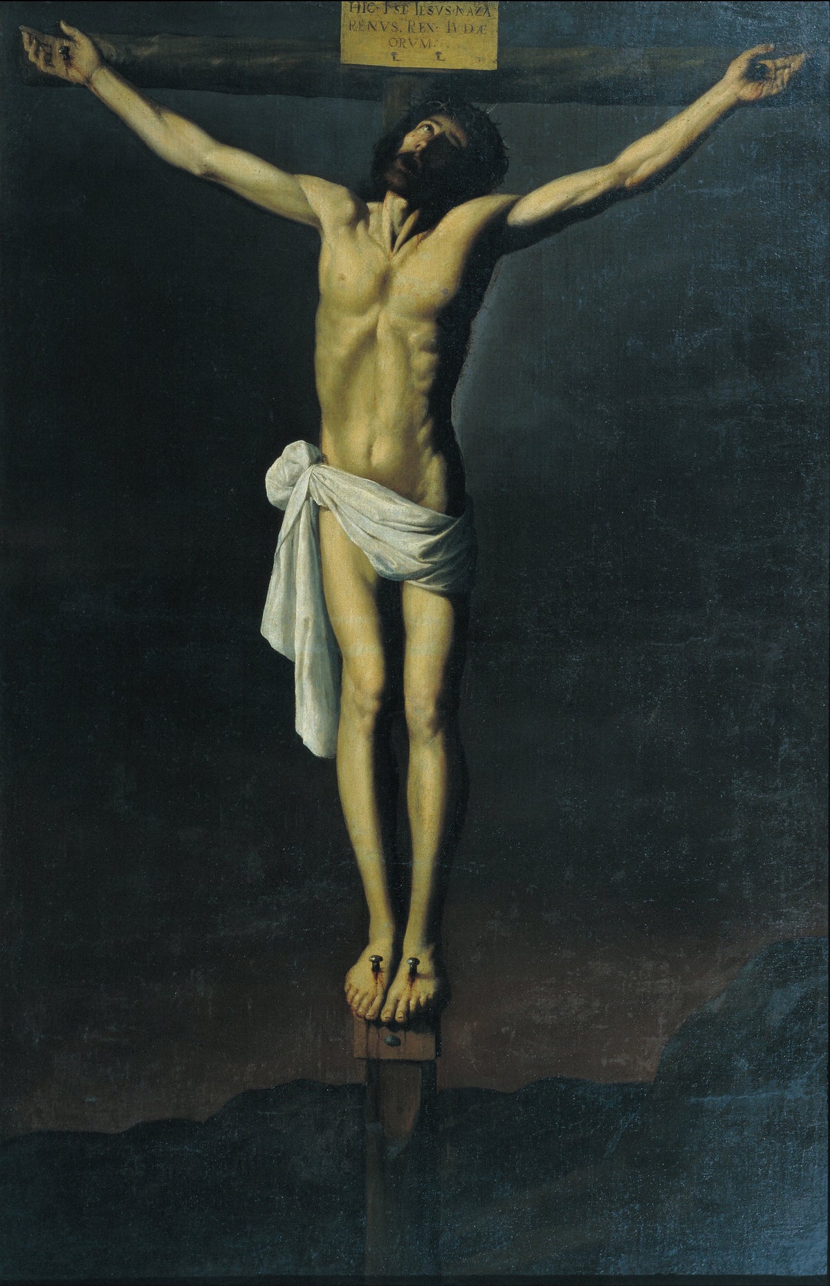 Christ Crucified by Francisco de Zurbarán — Christ on a dark cross against a black sky, eyes lifted upward