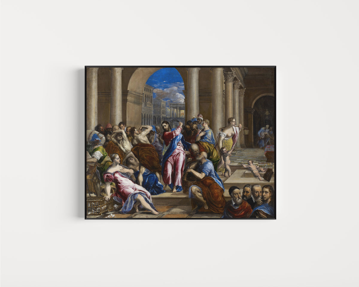 Framed art print of Christ Driving the Money Changers from the Temple by El Greco, in a slim black frame on a plain white wall