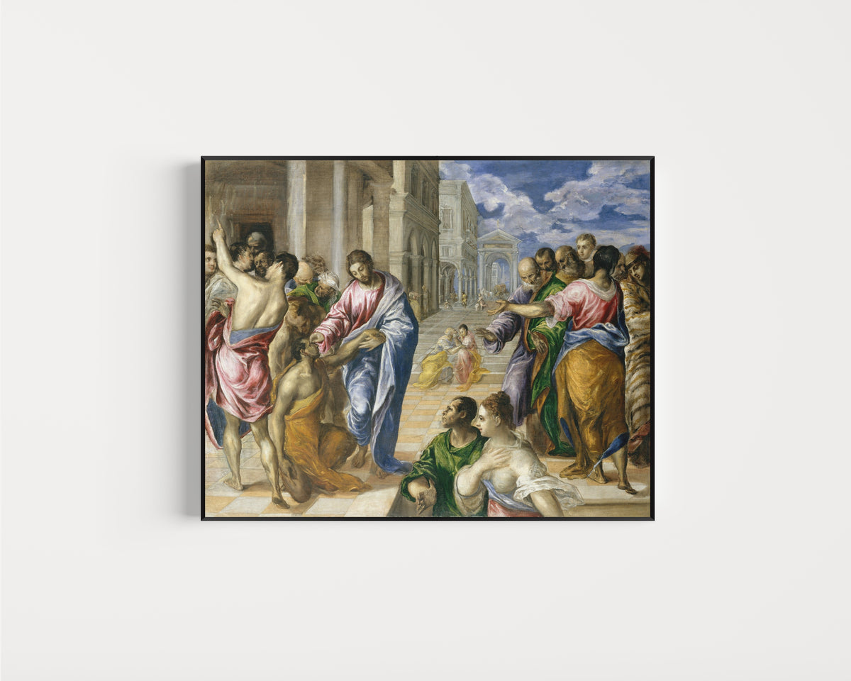 Framed art print of Christ Healing the Blind by El Greco, in a slim black frame on a plain white wall