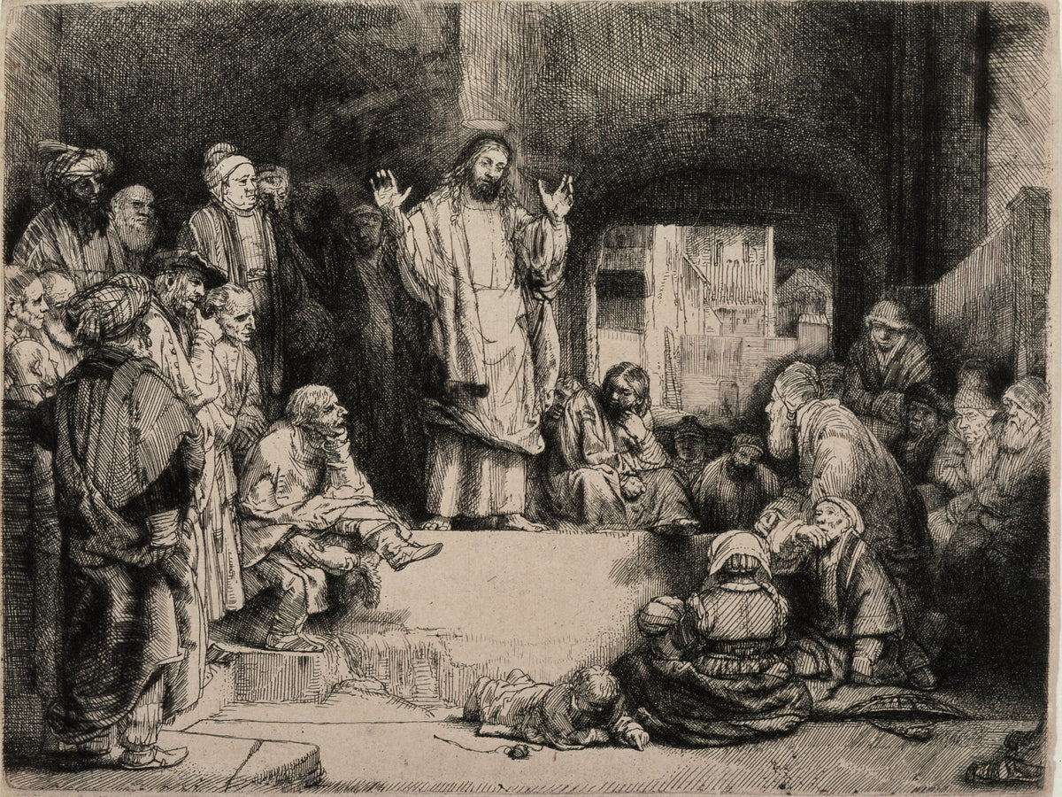 Christ Preaching, called La Petite Tombe by Rembrandt van Rijn — Christ preaches from a low platform to a crowd gathered close