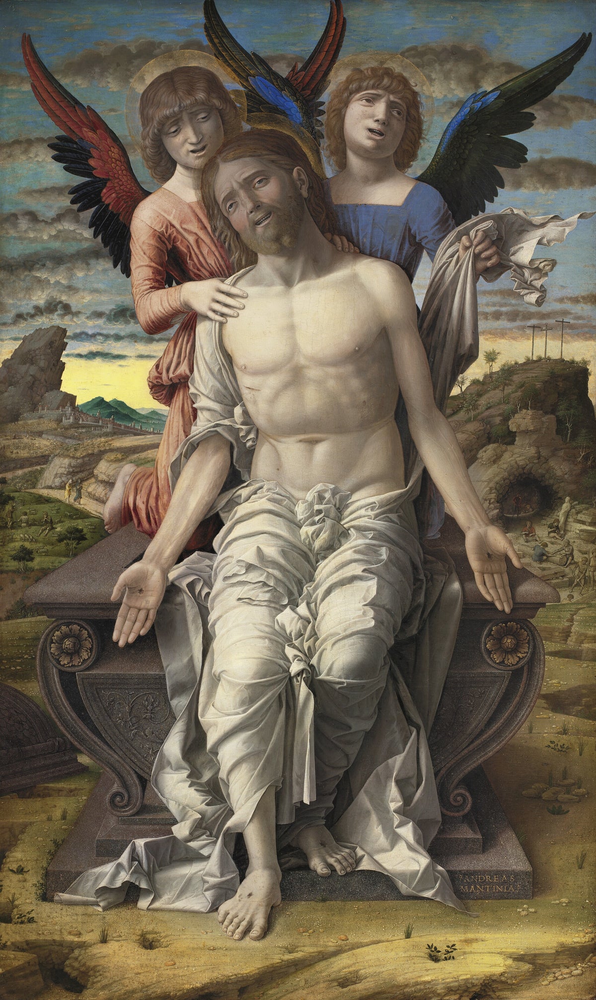 Christ as the Suffering Redeemer by Andrea Mantegna — A wounded Christ sits on a stone tomb held by two winged angels