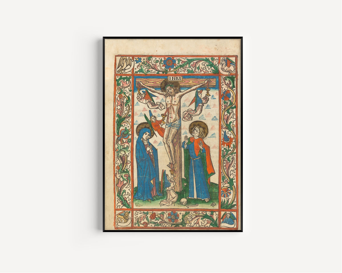 Christ on the Cross with Angels | Hand-Coloured Woodcut Print