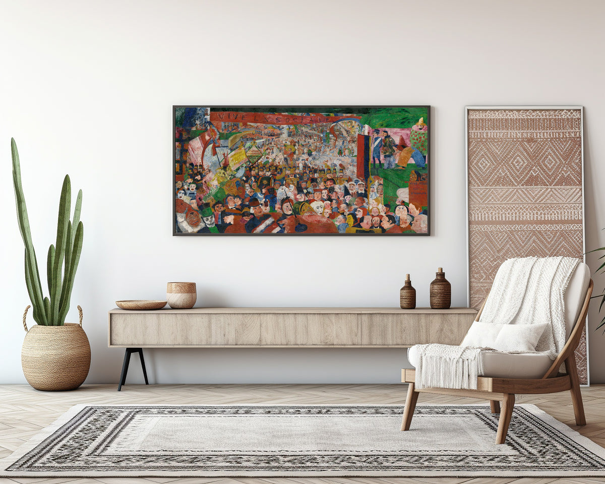 Framed art print of Christ's Entry into Brussels in 1889 by James Ensor, above a sideboard in a living room